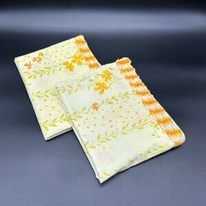 Vintage Floral Pillowcases Yellow Orange Crochet Lace Trim 1970s Standard Flower